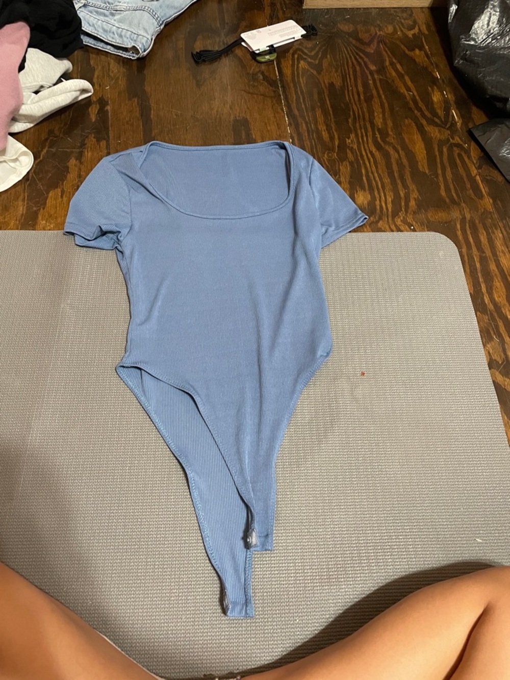 Scoop Neck Short Sleeve Ribbed Bodysuit - Dusty Blue